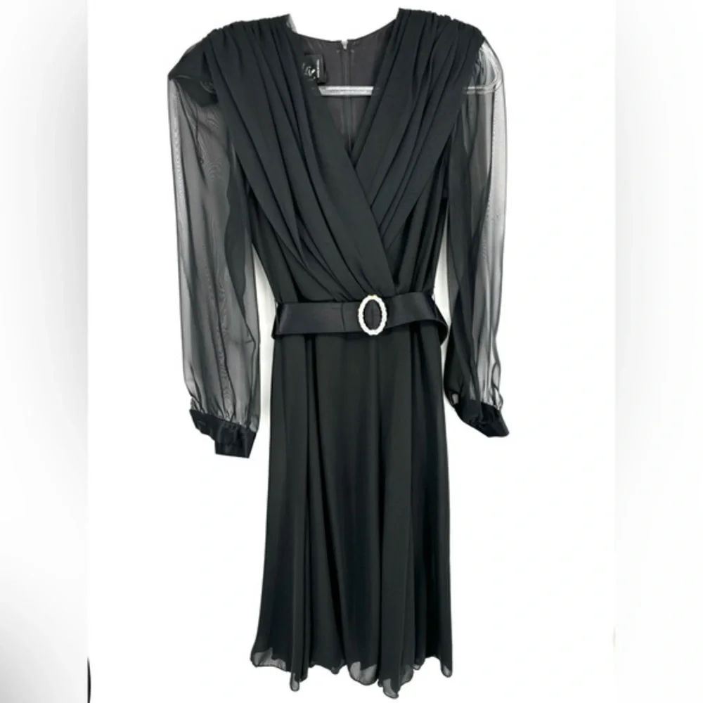Vintage 80s Ursula Of Switzerland Black Midi Dress Size 8 Rhinestone Belt Sheer‎